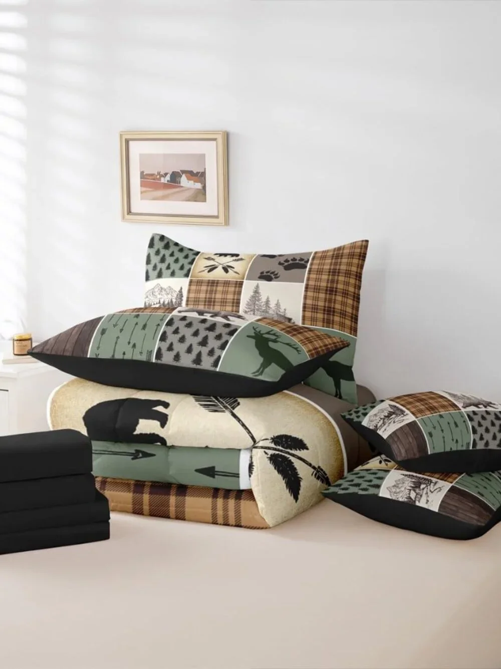 Bear Comforter Full Size, Rustic Cabin Lodge Fitted Sheet 7 Pieces for Kids Boys